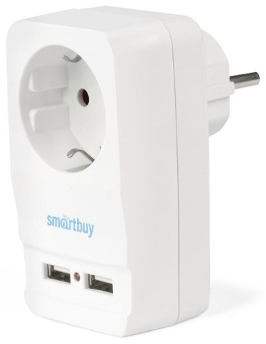 Адаптер с заземлением Smartbuy 1-м+2xUSB тип A+A 2400мА белый картинка 